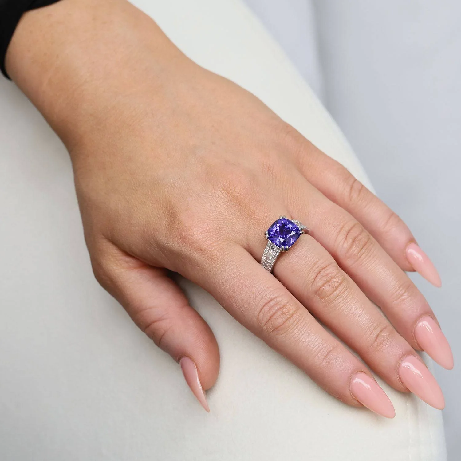 Platinum Cushion Cut Tanzanite Ring With Diamond Set Shoulders - Image 3