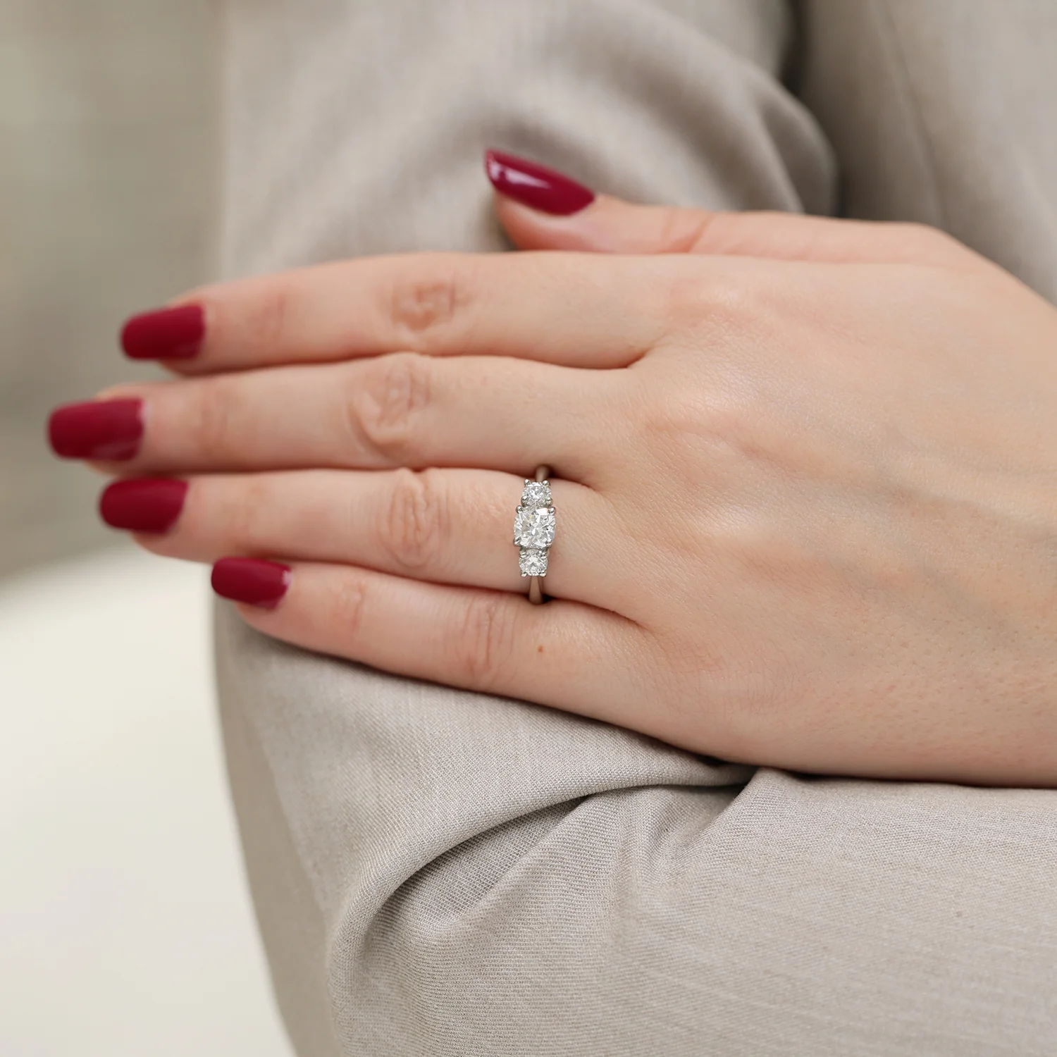 Platinum Cushion & Round Brilliant Cut Diamond Trilogy Ring - Image 3