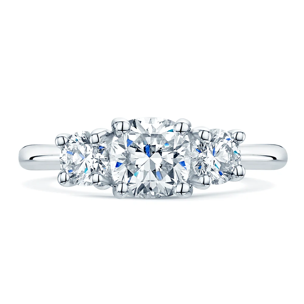 Platinum Cushion & Round Brilliant Cut Diamond Trilogy Ring - Image 4