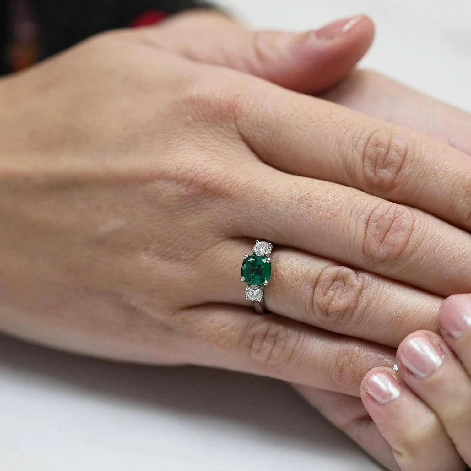 Platinum Cushion Shape Emerald & Diamond Three Stone Ring - Image 3