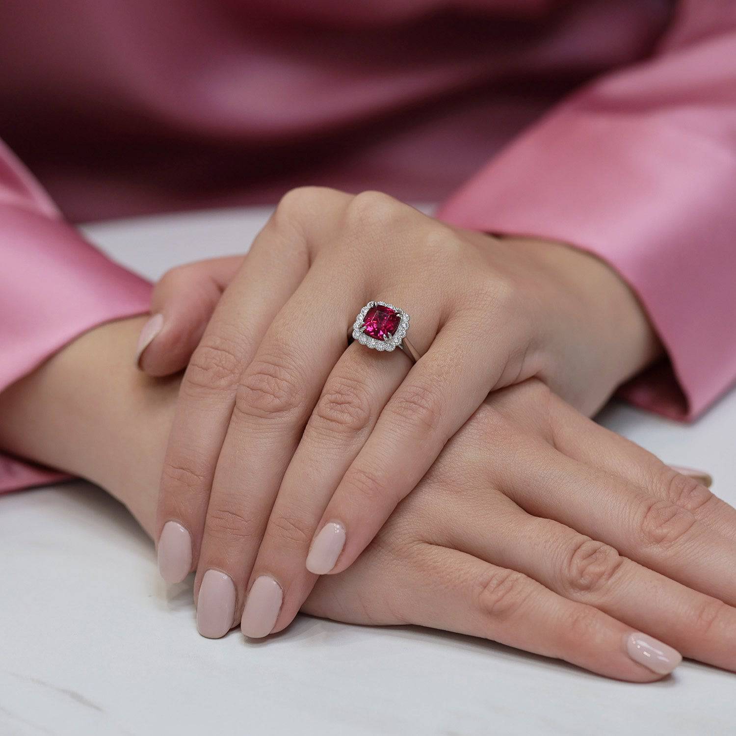 Platinum Cushion Shape Rubelite Tourmaline And Diamond Halo Cluster Dress Ring - Image 2