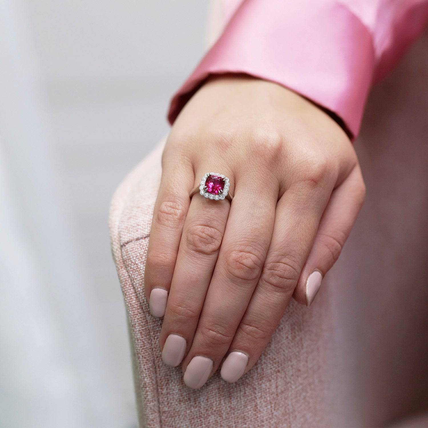 Platinum Cushion Shape Rubelite Tourmaline And Diamond Halo Cluster Dress Ring - Image 3