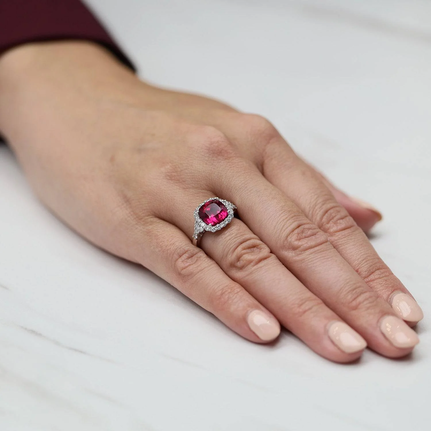 Platinum Cushion Shape Rubelite Tourmaline And Diamond Halo Cluster Dress Ring With Diamond Shoulders - Image 2
