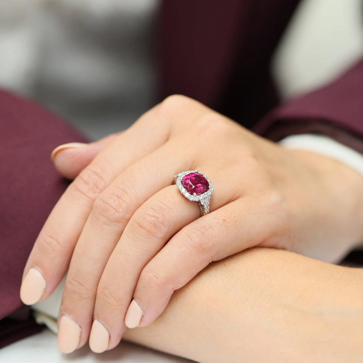 Platinum Cushion Shape Rubelite Tourmaline And Diamond Halo Cluster Dress Ring With Diamond Shoulders - Image 3