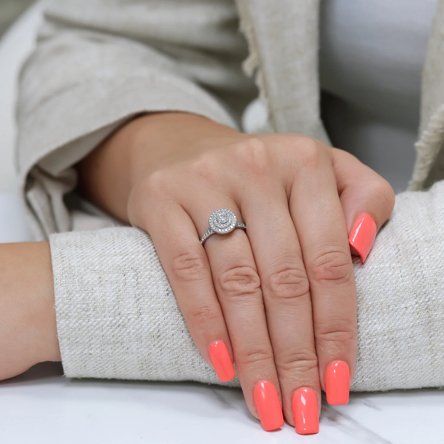 Platinum Double Halo Diamond Cluster Engagement Ring - Image 3