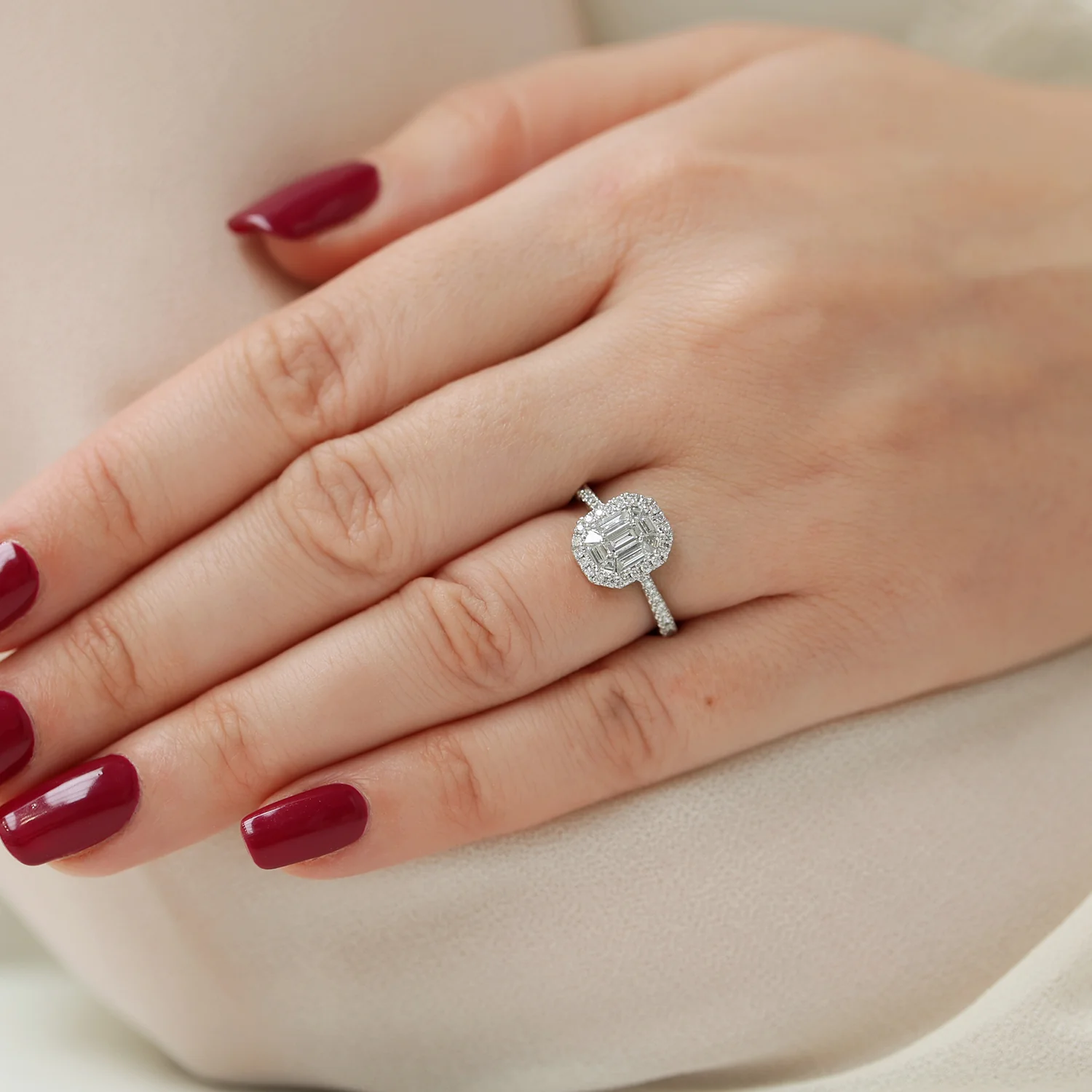 Platinum Emerald Cut & Double Diamond Surround Engagement Ring - Image 3