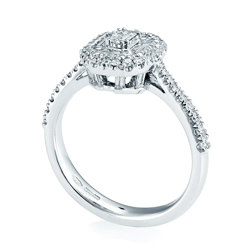 Platinum Emerald Cut & Double Diamond Surround Engagement Ring - Image 4