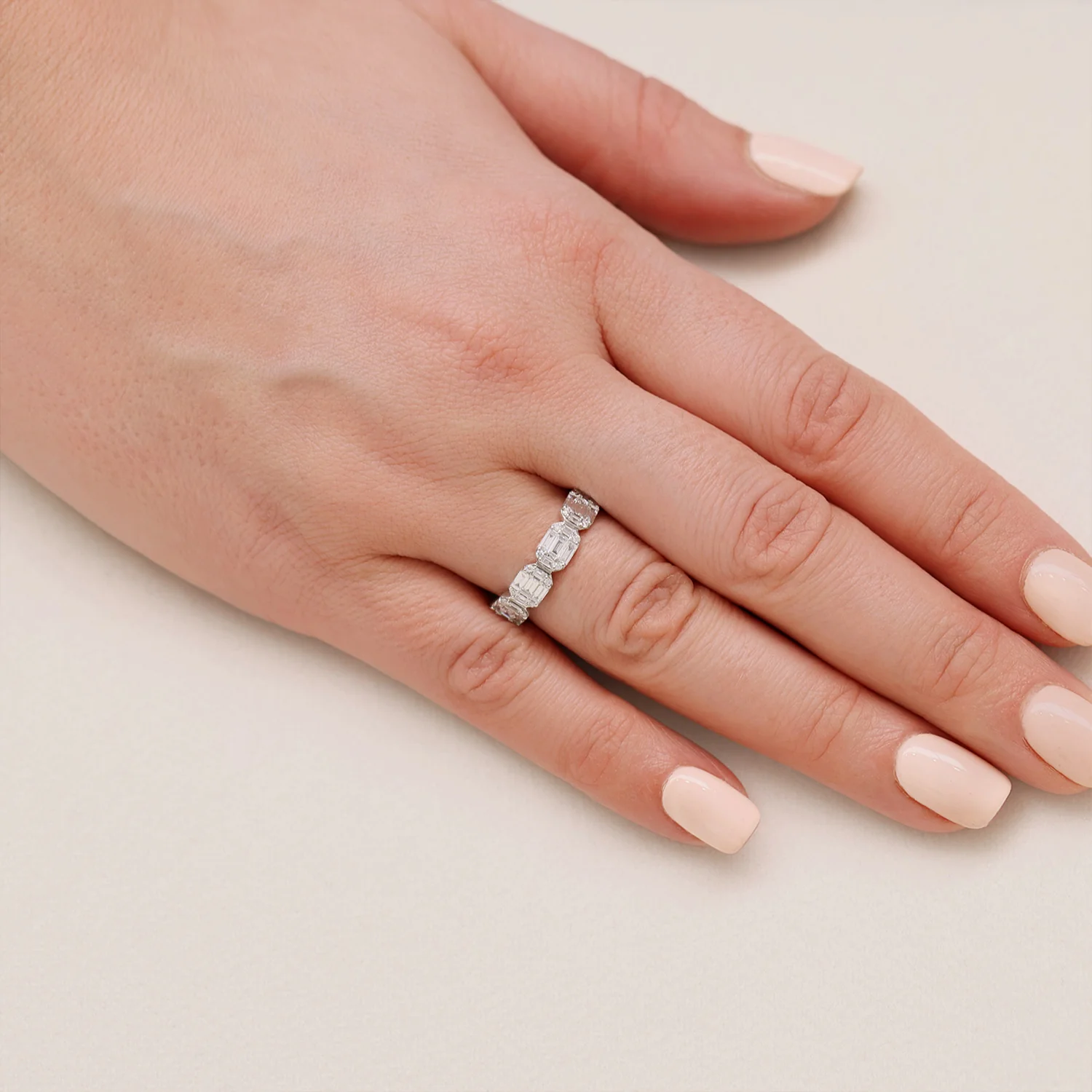 Platinum Five Stone Baguette and Round Brilliant Diamond Horizontal Cluster Ring - Image 3