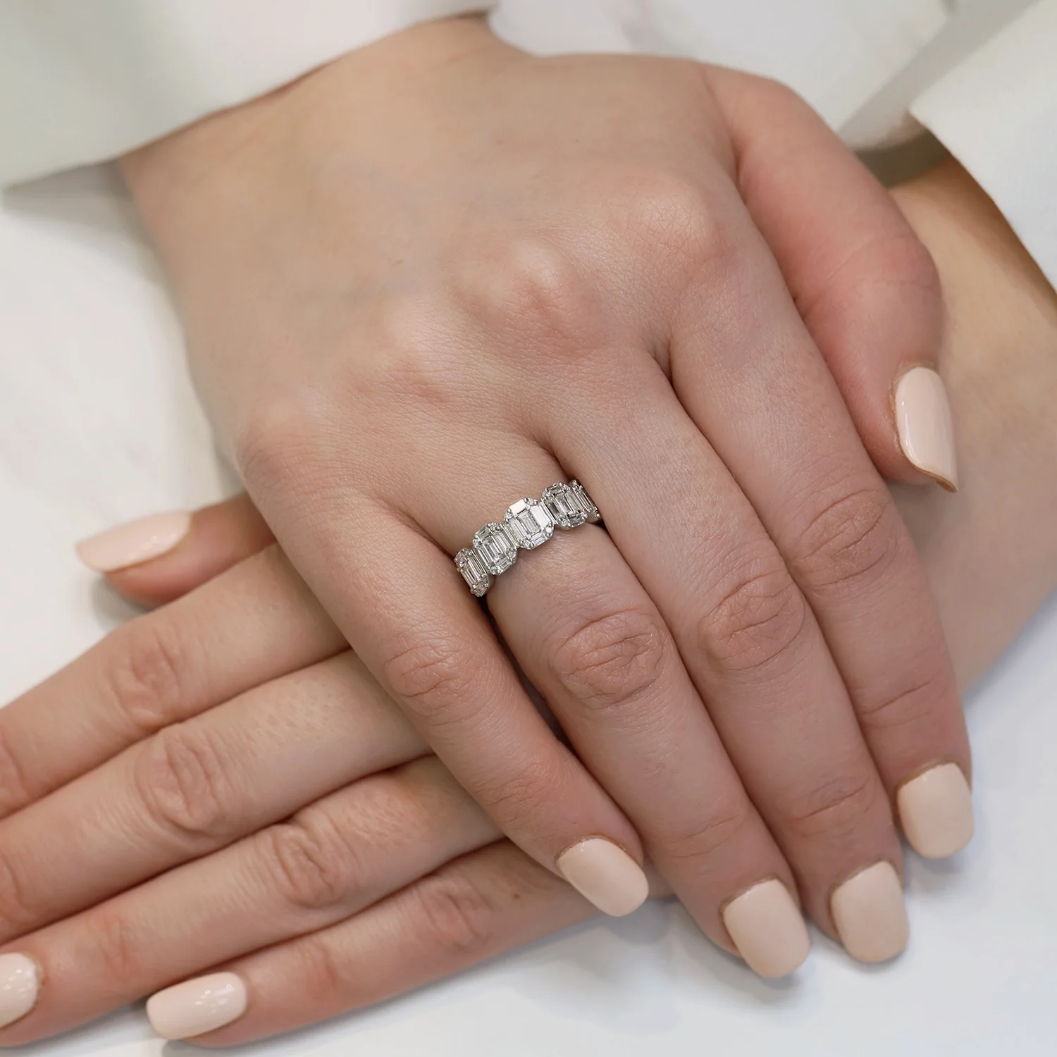Platinum Five Stone Baguette and Round Brilliant Diamond Vertical Cluster Ring - Image 3