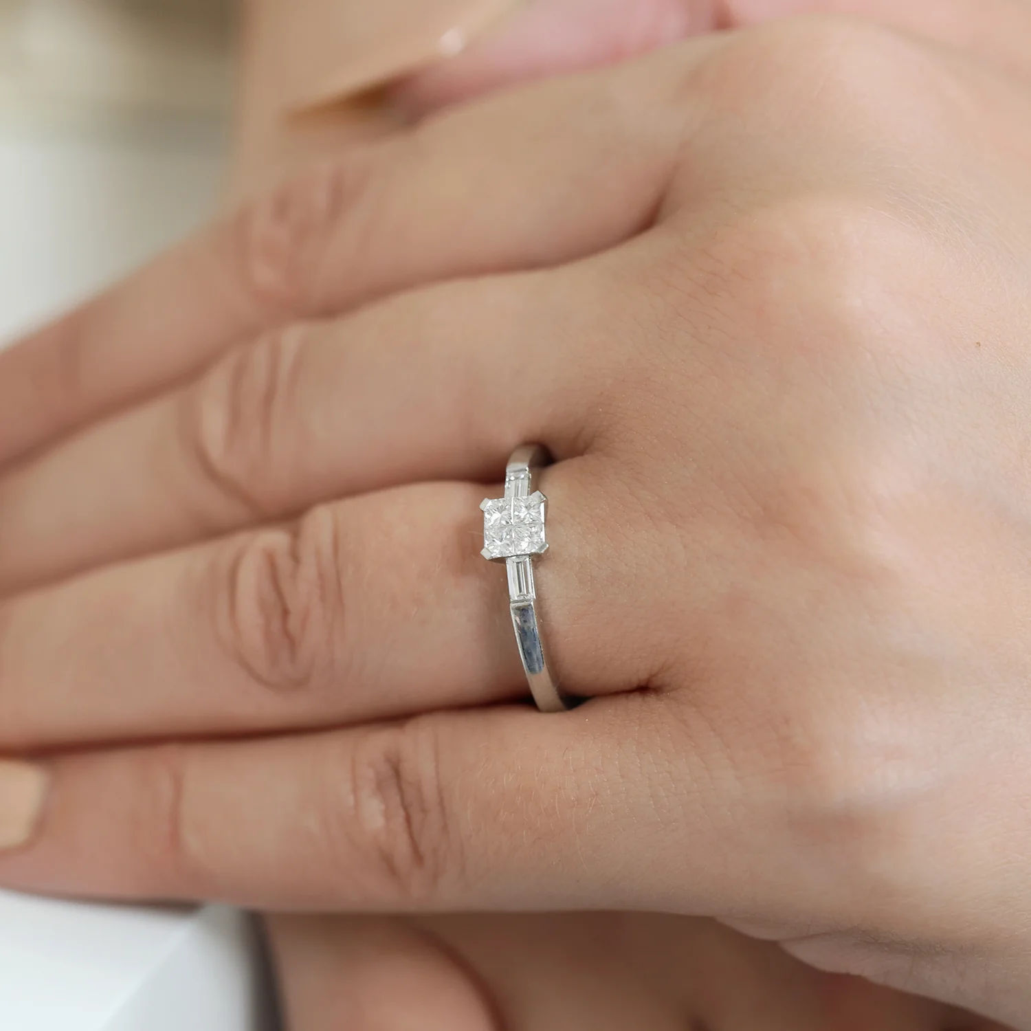 Platinum Four Princess Cut Diamond Four Claw Set Ring With Baguette Cut Diamond Shoulders - Image 2