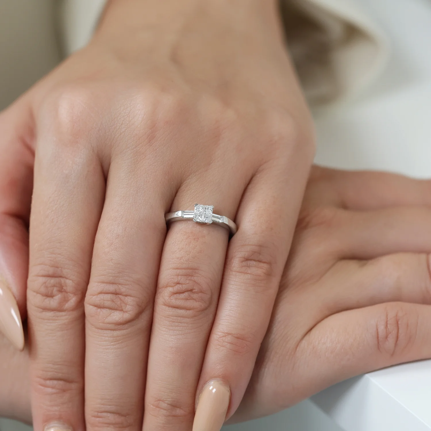 Platinum Four Princess Cut Diamond Four Claw Set Ring With Baguette Cut Diamond Shoulders - Image 3