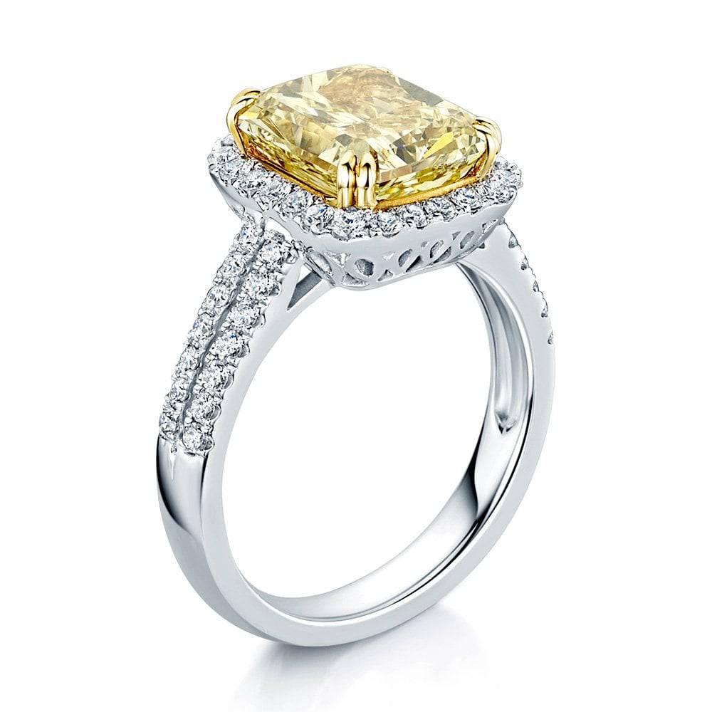 Platinum GIA Certificated Cushion Shape Yellow Diamond Halo Ring With Diamond Set Shoulders - Image 3