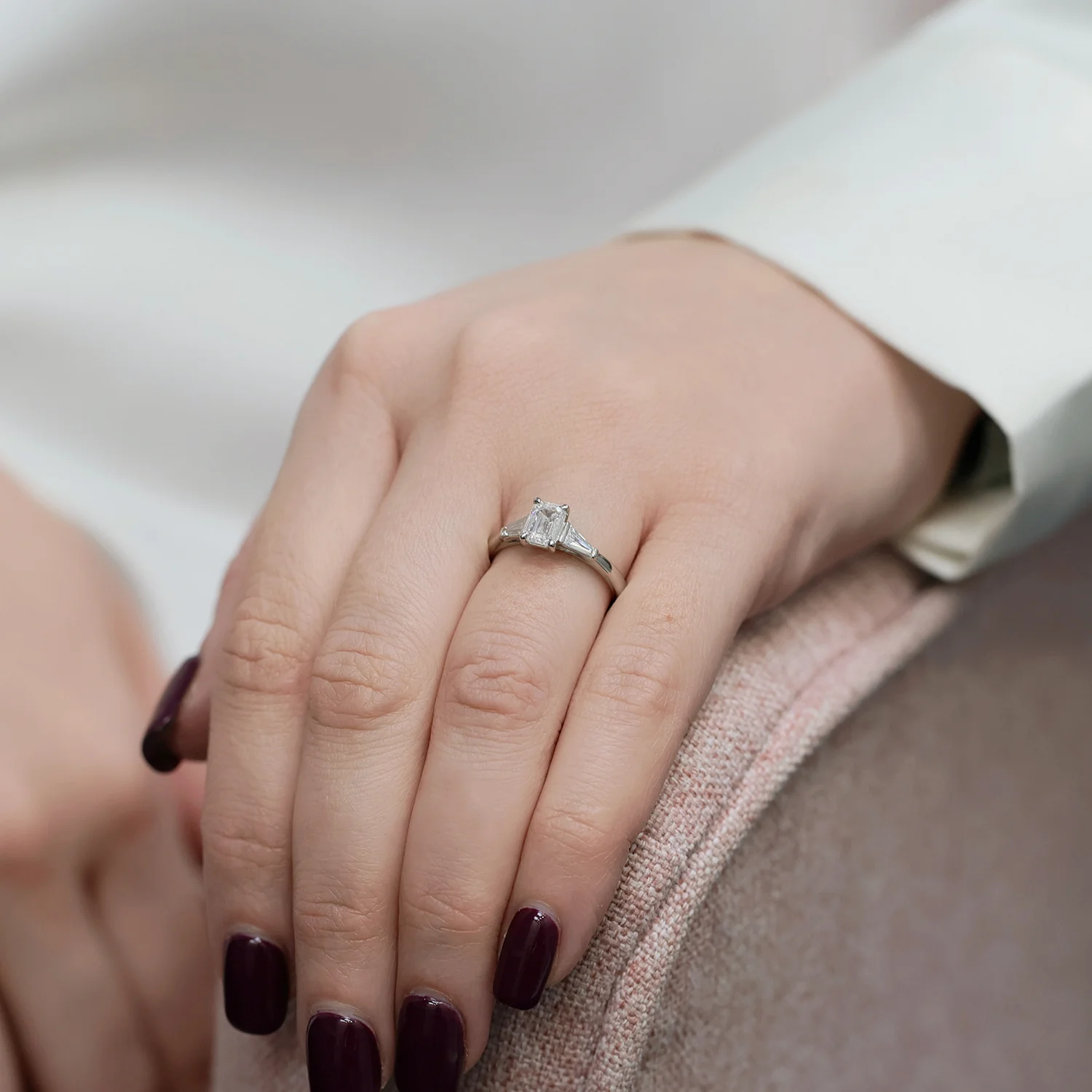 Platinum GIA Certificated Emerald Cut Diamond And Tapered Baguette Cut Three Stone Engagement Ring - Image 2