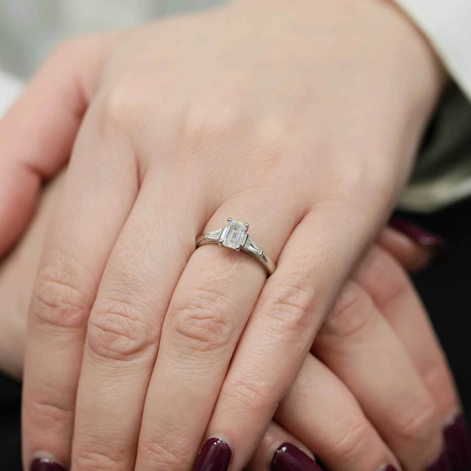 Platinum GIA Certificated Emerald Cut Diamond And Tapered Baguette Cut Three Stone Engagement Ring - Image 3