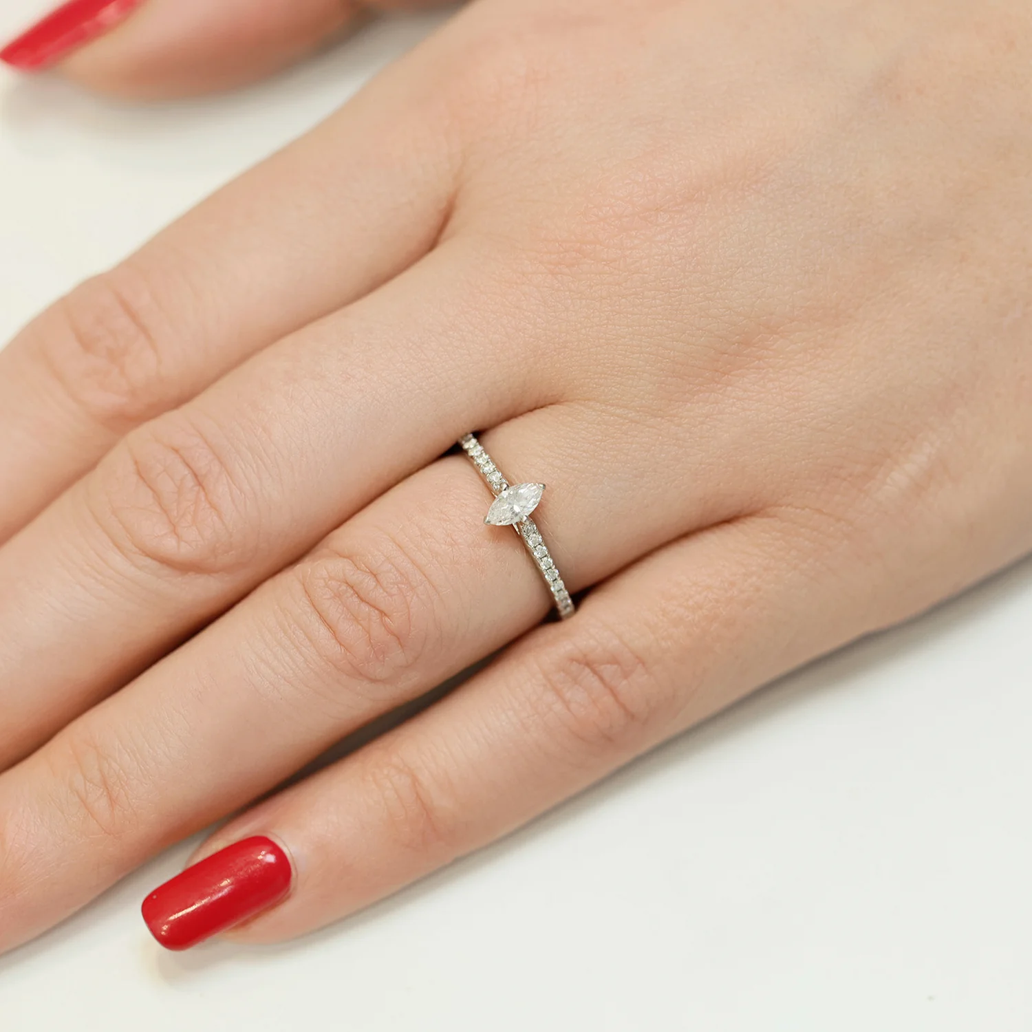 Platinum GIA Certificated Marquise Shaped Diamond Ring With Diamond Set Shoulders - Image 2