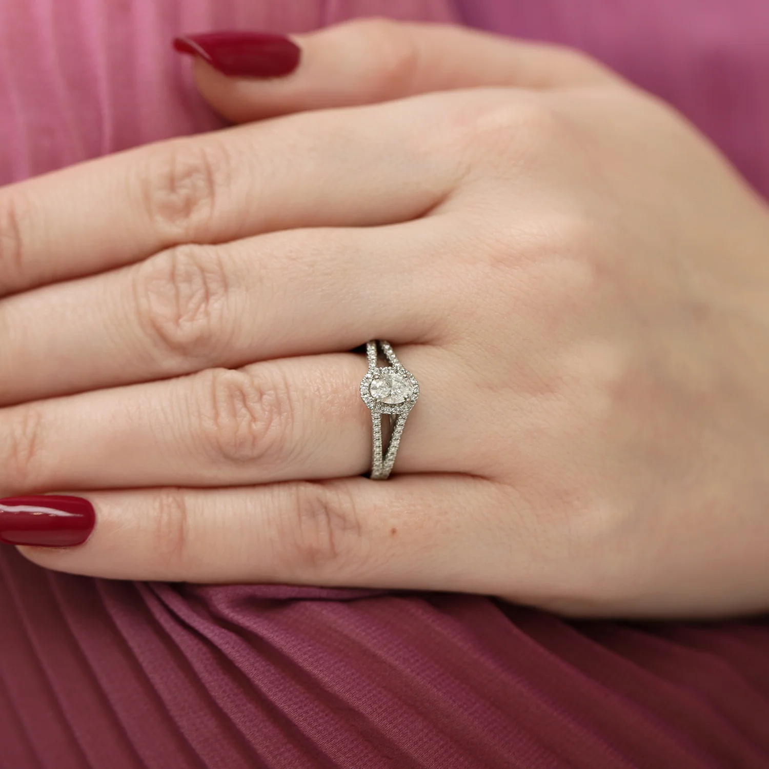Platinum GIA Certificated Oval Cut Diamond Halo Ring With Split Diamond Set Shoulders - Image 3