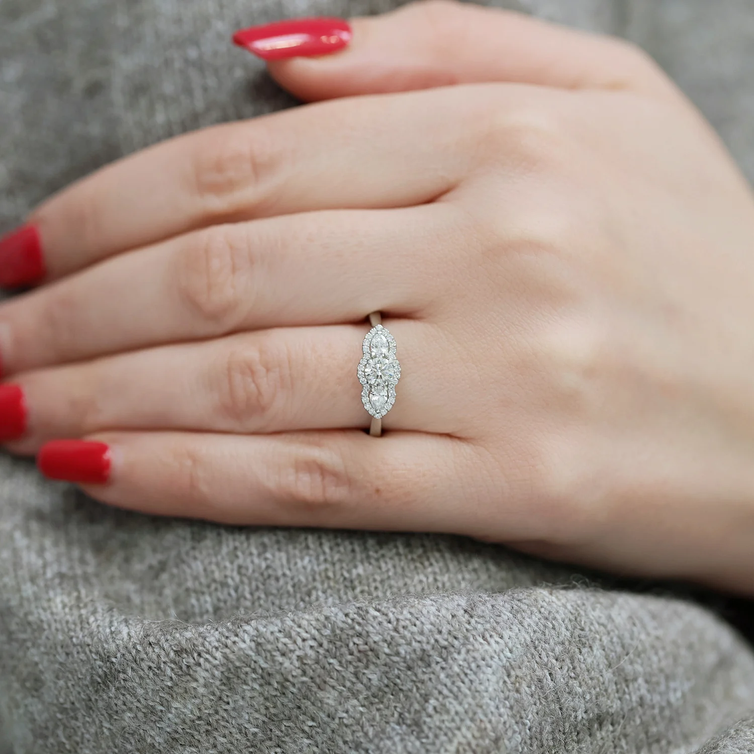 Platinum GIA Certificated Round Brilliant cut and Pear Cut Diamond Halo Three Stone Ring - Image 3