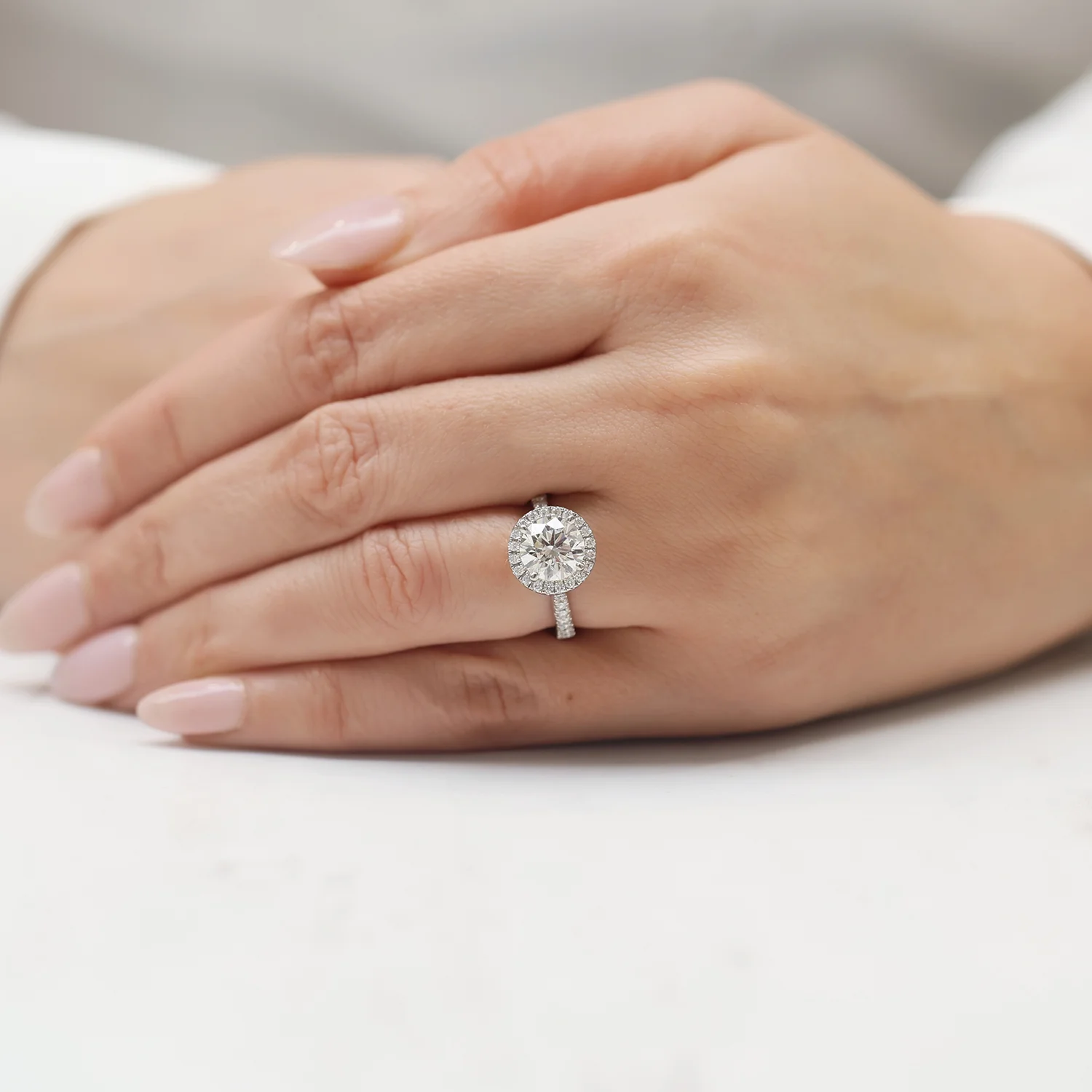 Platinum GIA Certificated Round Brilliant Cut Diamond Halo Ring and Diamond Set Shoulders - Image 2