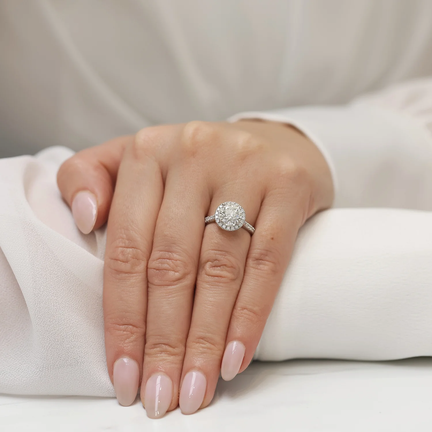 Platinum GIA Certificated Round Brilliant Cut Diamond Halo Ring and Diamond Set Shoulders - Image 3