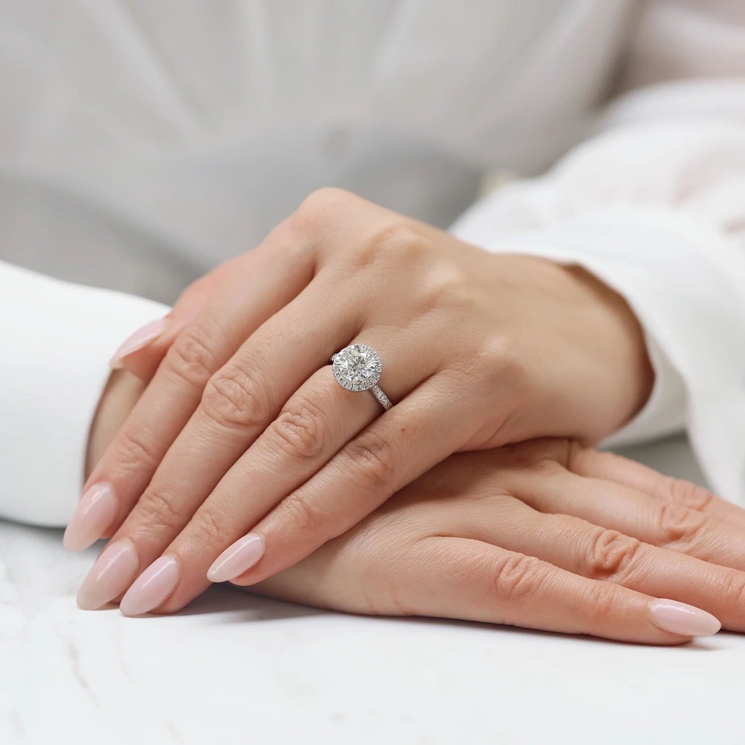 Platinum GIA Certificated Round Brilliant Cut Diamond Halo Ring and Diamond Set Shoulders - Image 4