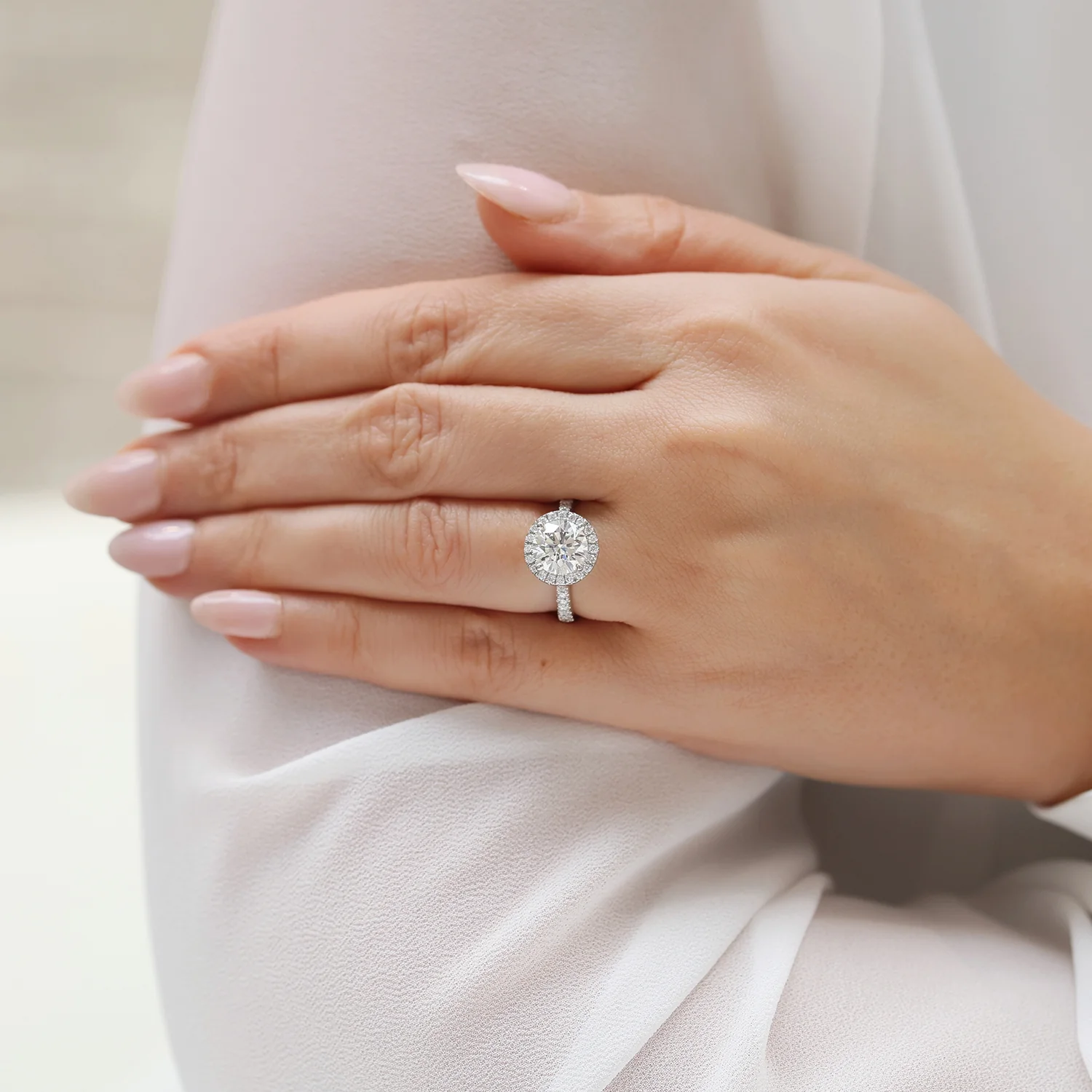 Platinum GIA Certificated Round Brilliant Cut Diamond Halo Ring and Diamond Set Shoulders - Image 5