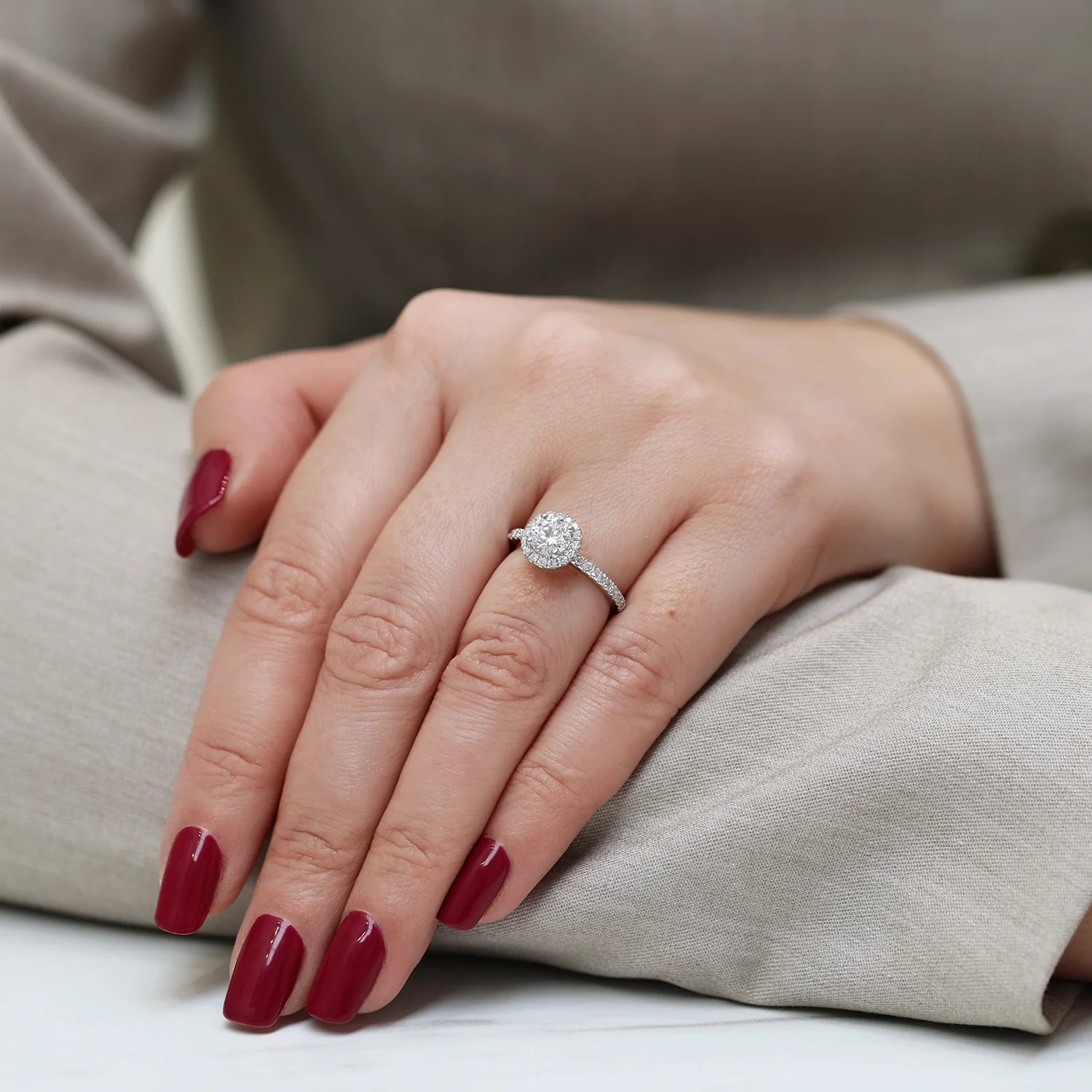 Platinum GIA Certificated Round Brilliant Cut Diamond Halo Ring With Diamond Set Shoulders - Image 2