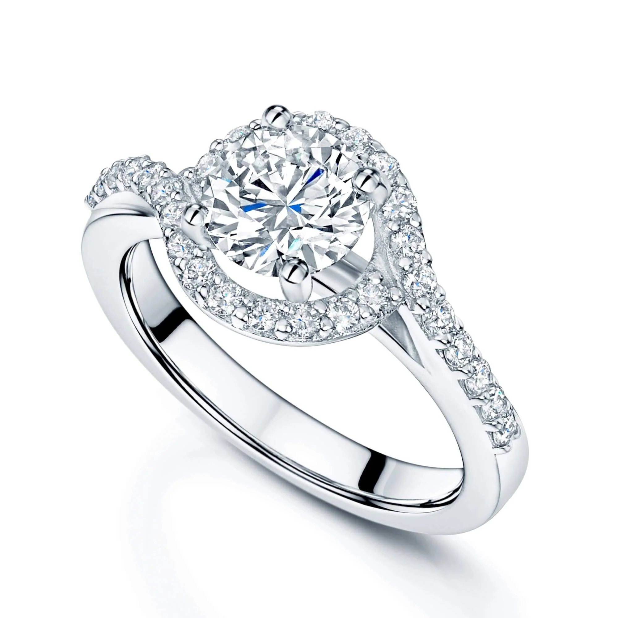 Platinum GIA Certificated Round Brilliant Cut Diamond Ring With Twist Diamond Shoulders