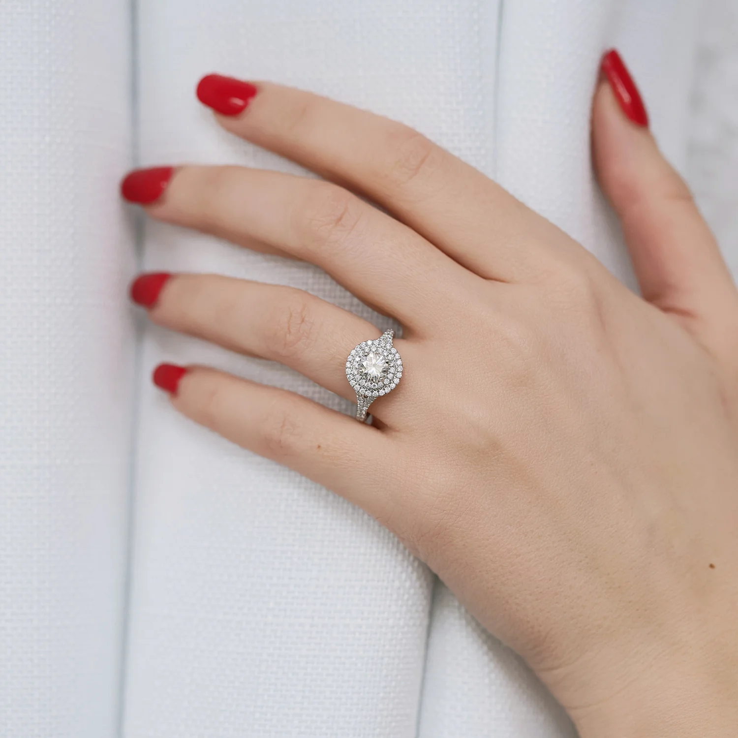 Platinum GIA Diamond Double Halo Ring with Split Diamond Shoulders - Image 2