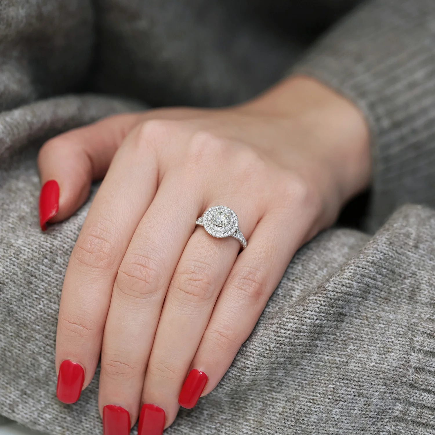 Platinum GIA Diamond Double Halo Ring with Split Diamond Shoulders - Image 3