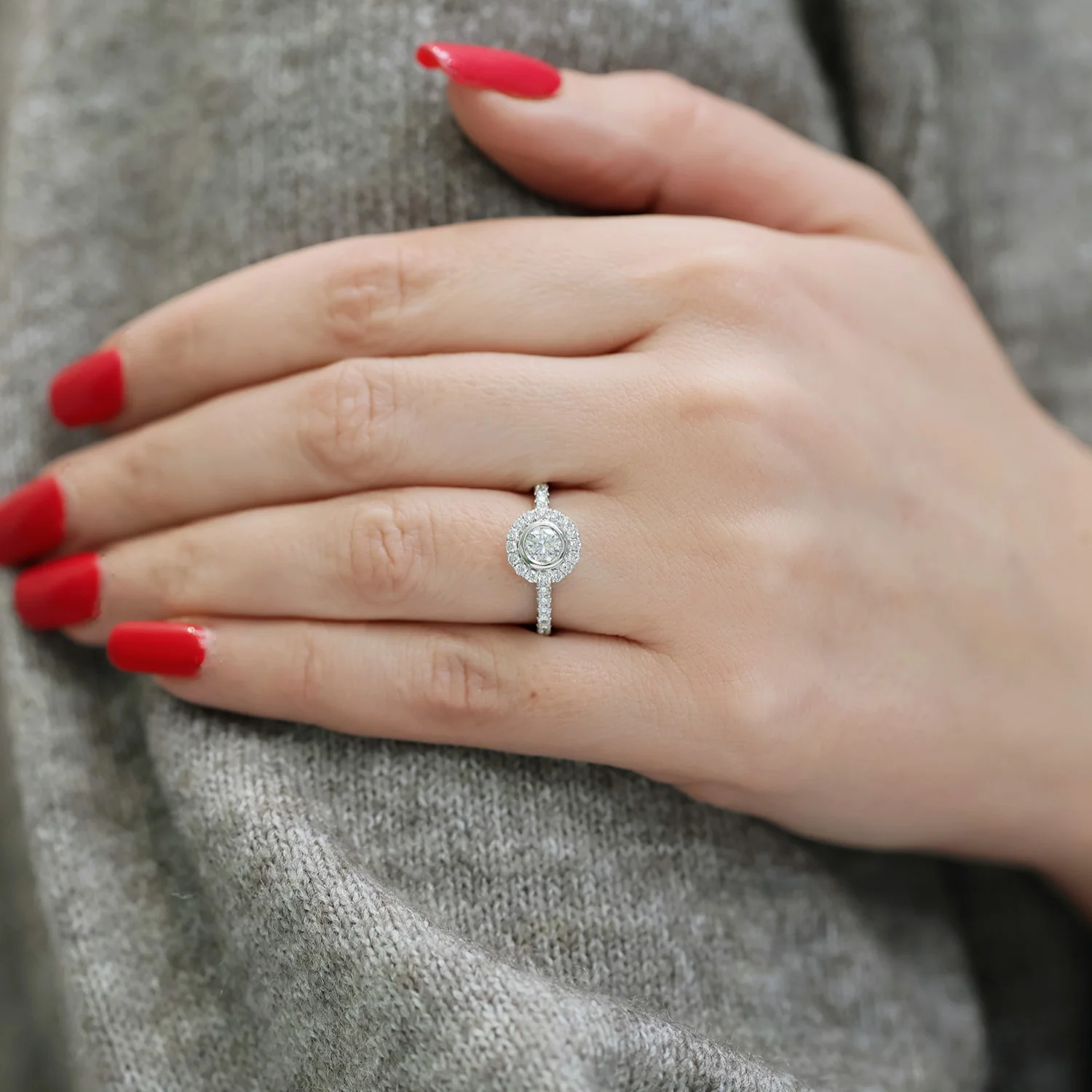 Platinum GIA Halo Setting Single Diamond Cluster Rubover Style With Diamond Claw Set Shoulders Ring - Image 2