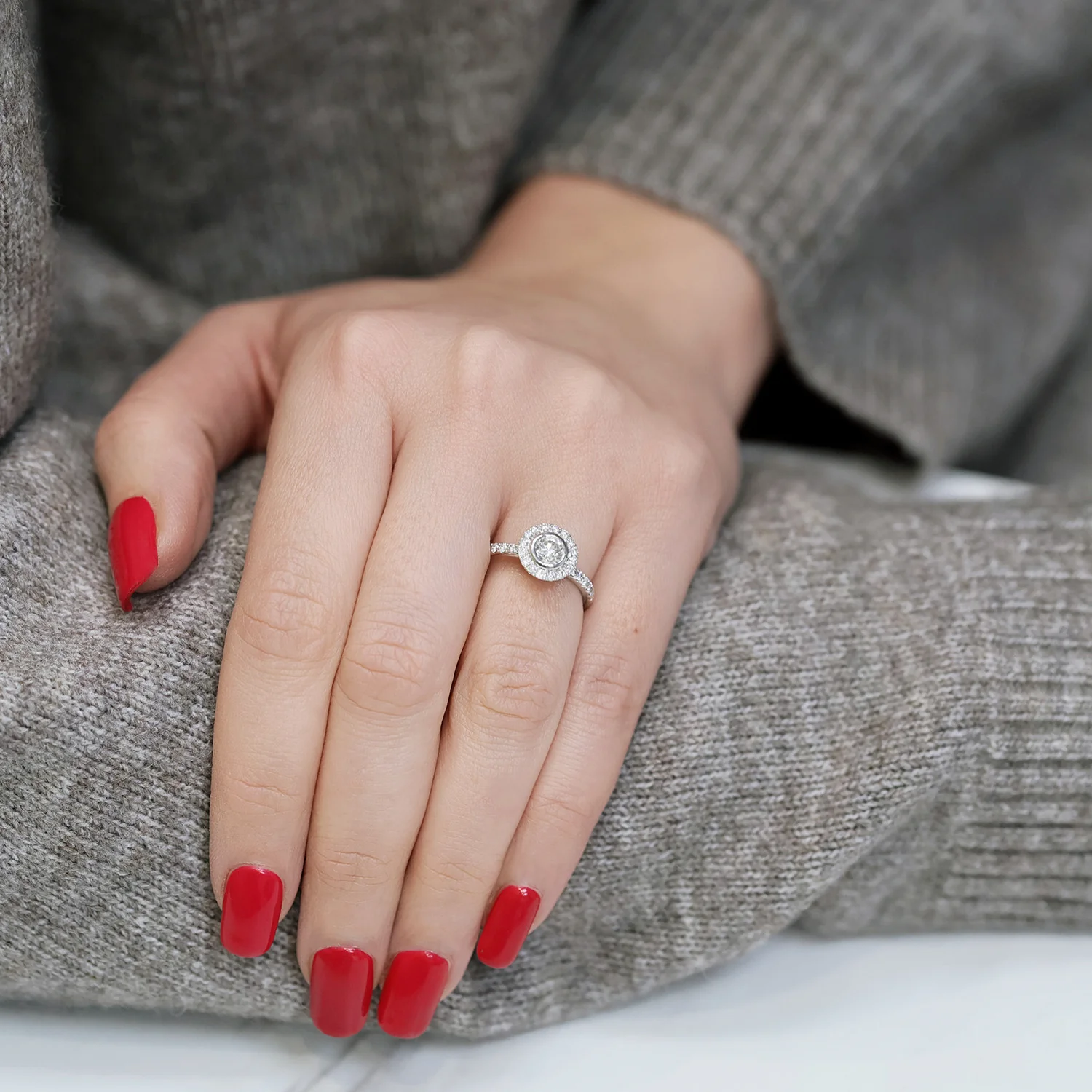 Platinum GIA Halo Setting Single Diamond Cluster Rubover Style With Diamond Claw Set Shoulders Ring - Image 3