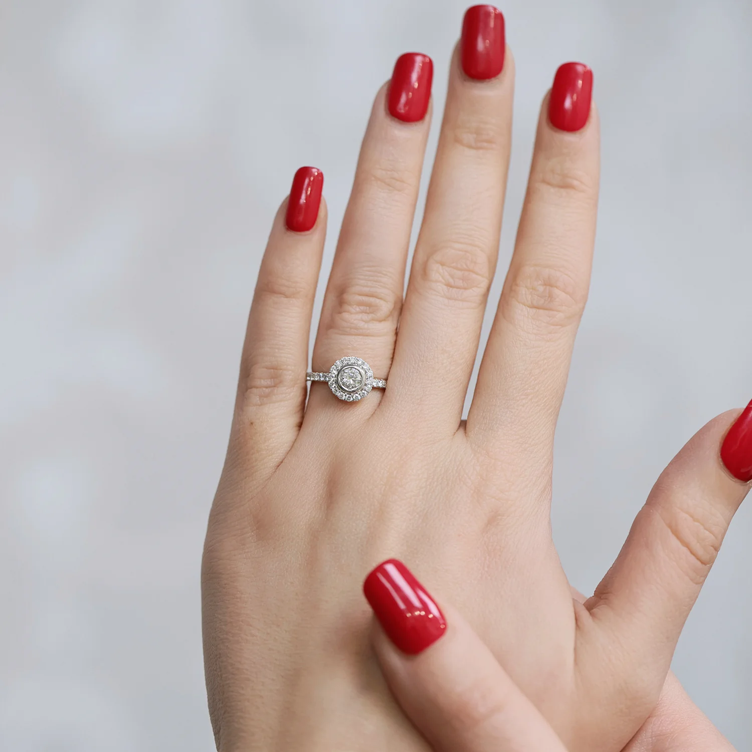 Platinum GIA Halo Setting Single Diamond Cluster Rubover Style With Diamond Claw Set Shoulders Ring - Image 4