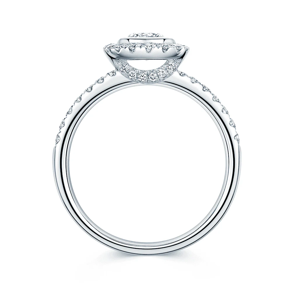 Platinum GIA Halo Setting Single Diamond Cluster Rubover Style With Diamond Claw Set Shoulders Ring - Image 5