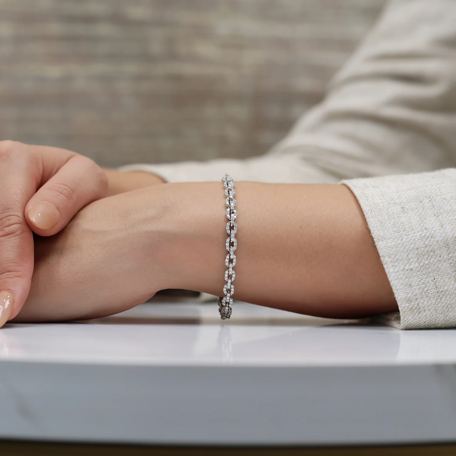 Platinum Link Design Diamond Set Bracelet - Image 2