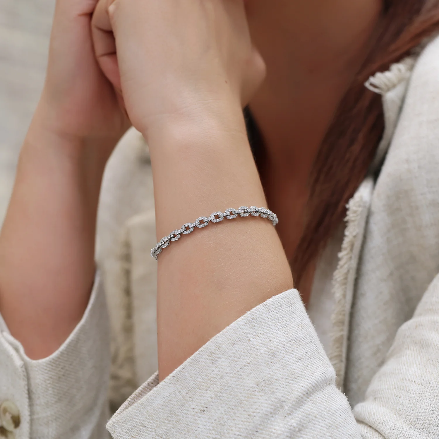 Platinum Link Design Diamond Set Bracelet - Image 3