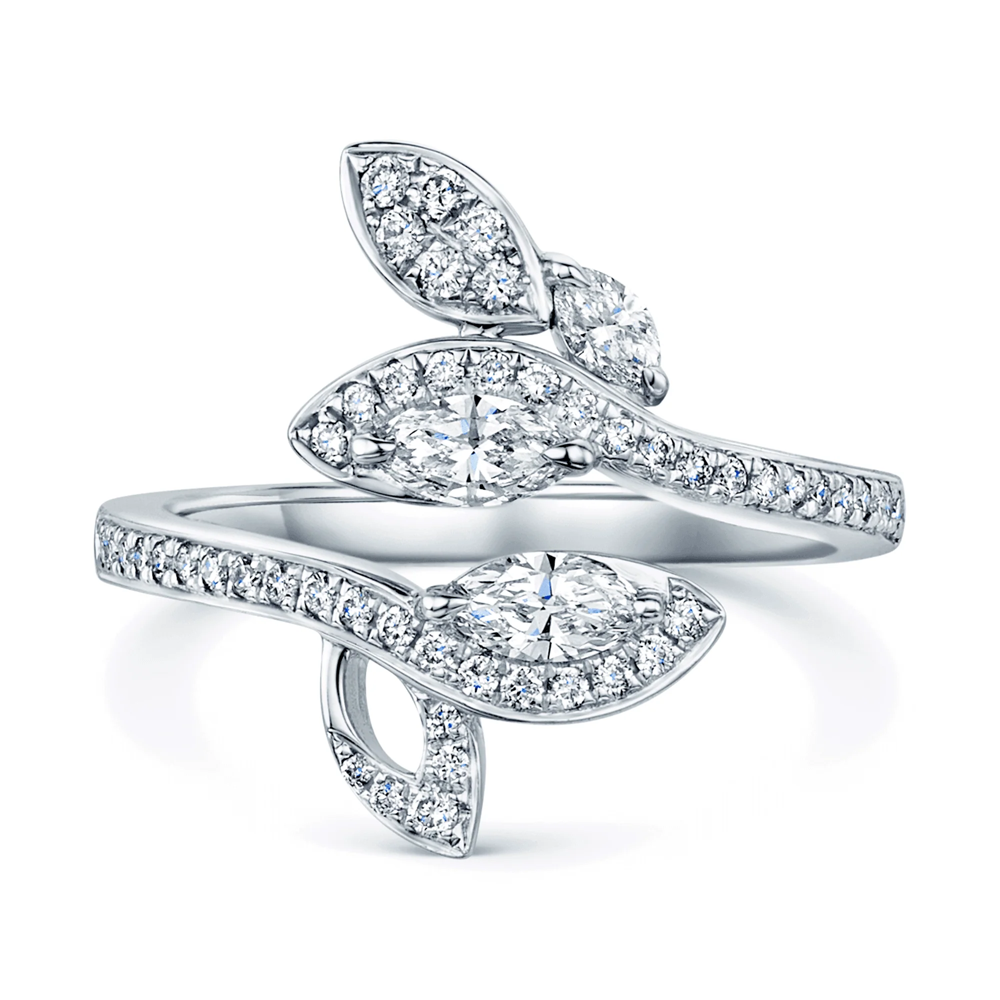 Platinum Marquise & Round Brilliant Diamond Leaf Open Twist Ring - Image 2