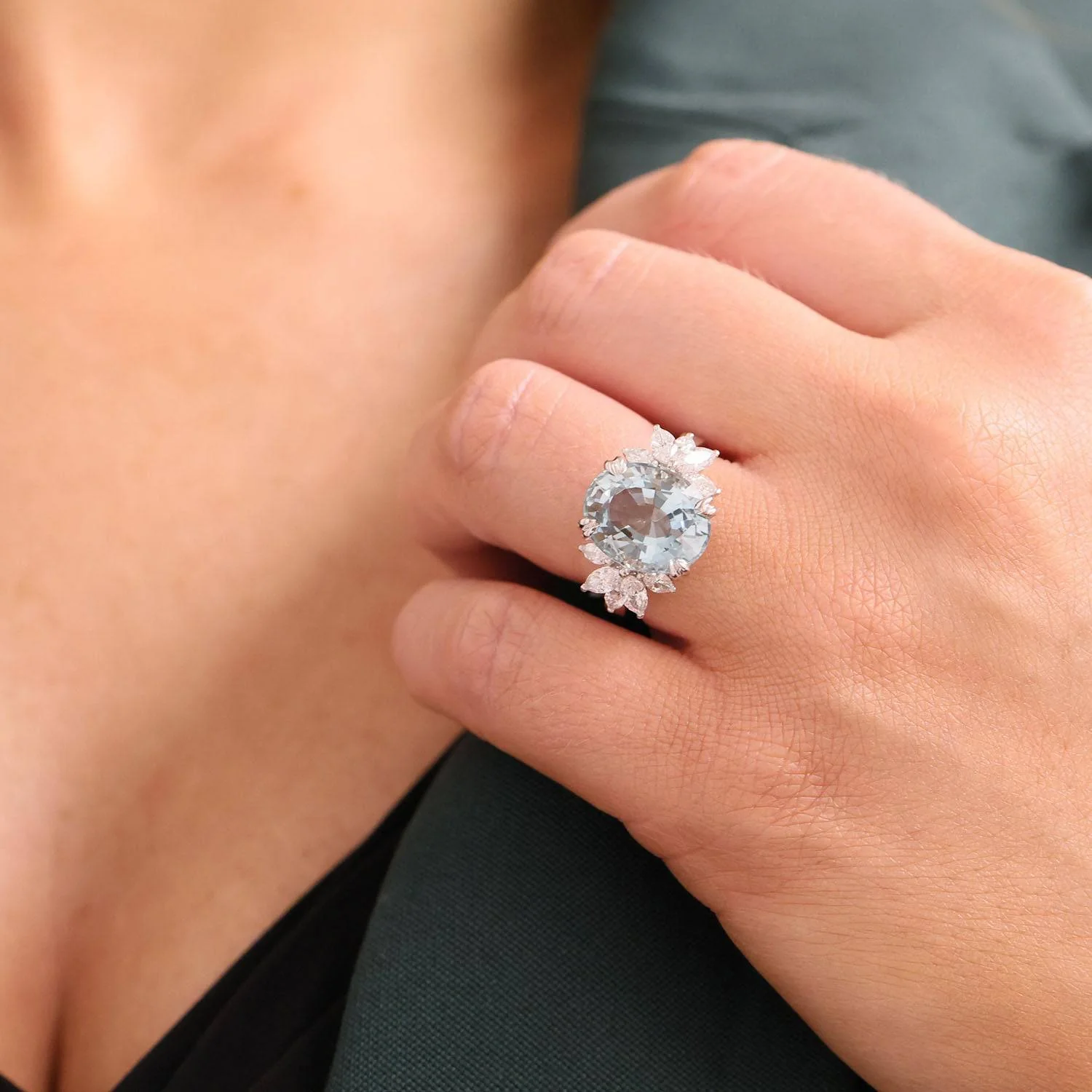 Platinum Oval Aquamarine With Marquise Cut Diamond Cluster Shoulders Ring - Image 3