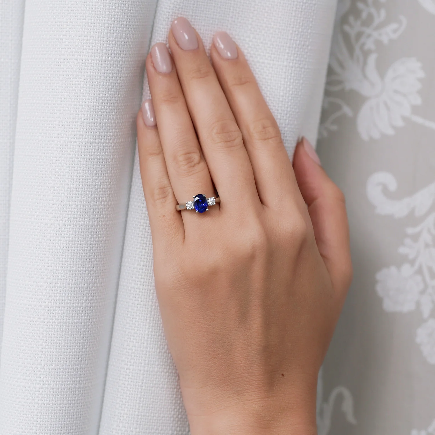Platinum Oval Blue Sapphire & Round Brilliant Cut Diamond Three Stone Ring - Image 3