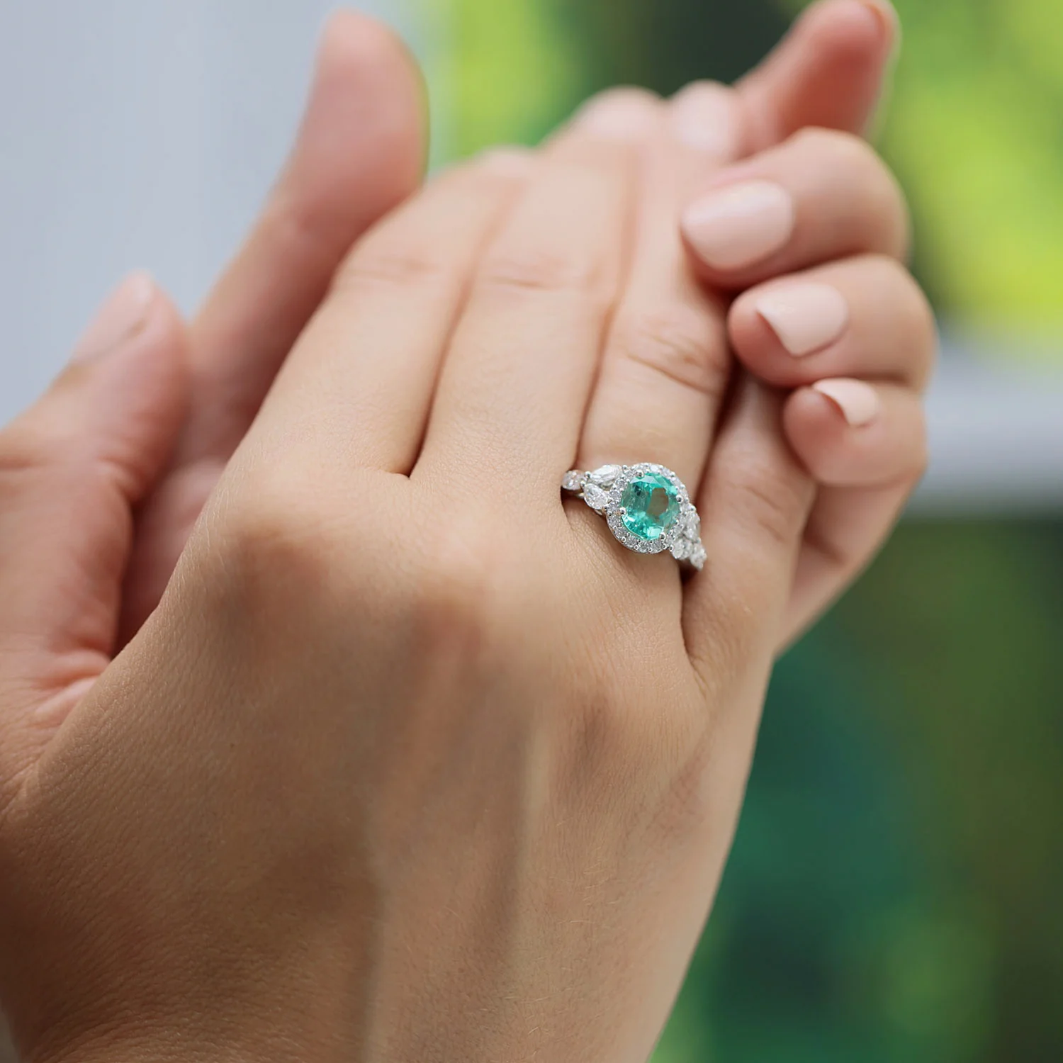 Platinum Oval Cut Green Beryl & Marquise & Round Brilliant Cut Diamond Cluster Ring - Image 2
