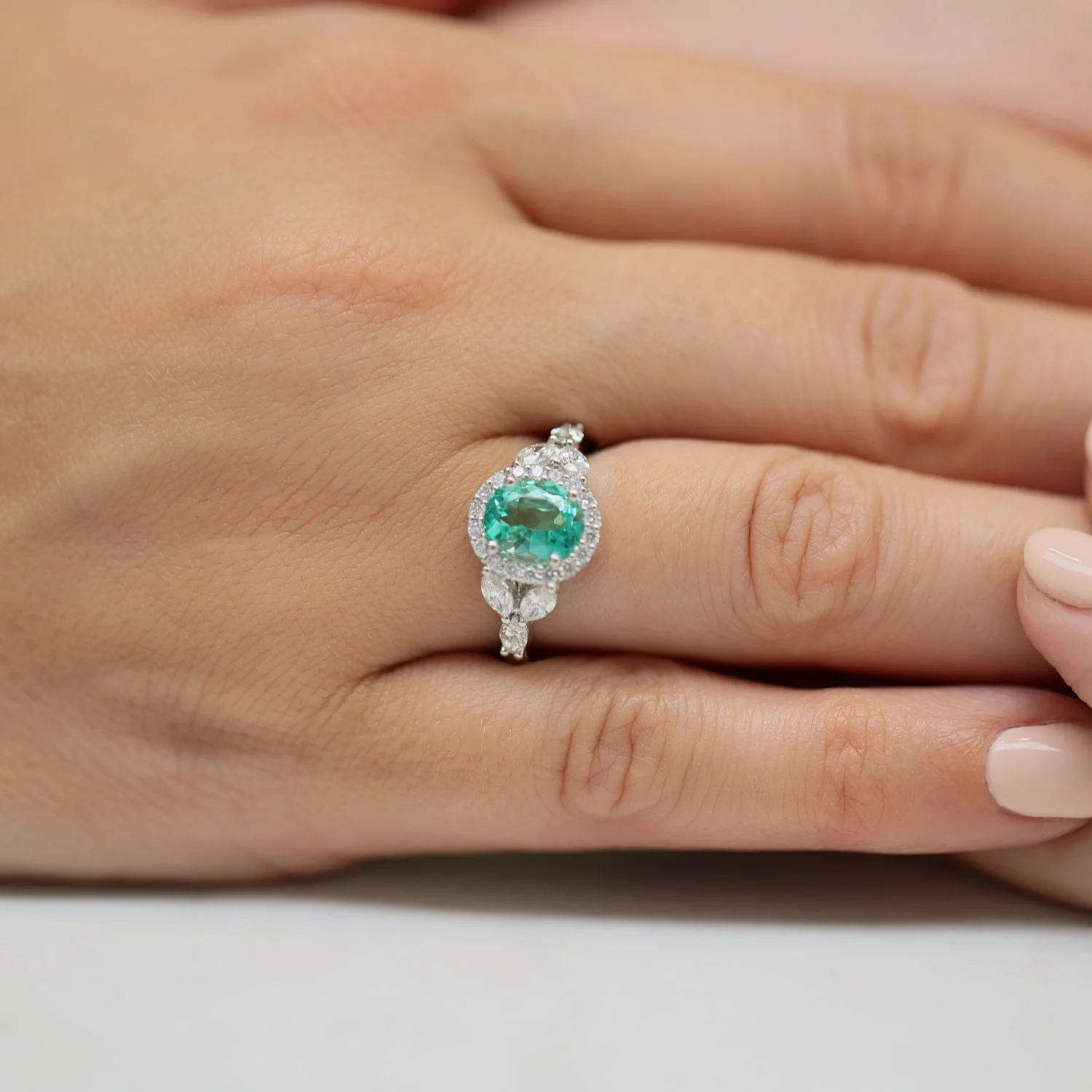 Platinum Oval Cut Green Beryl & Marquise & Round Brilliant Cut Diamond Cluster Ring - Image 3