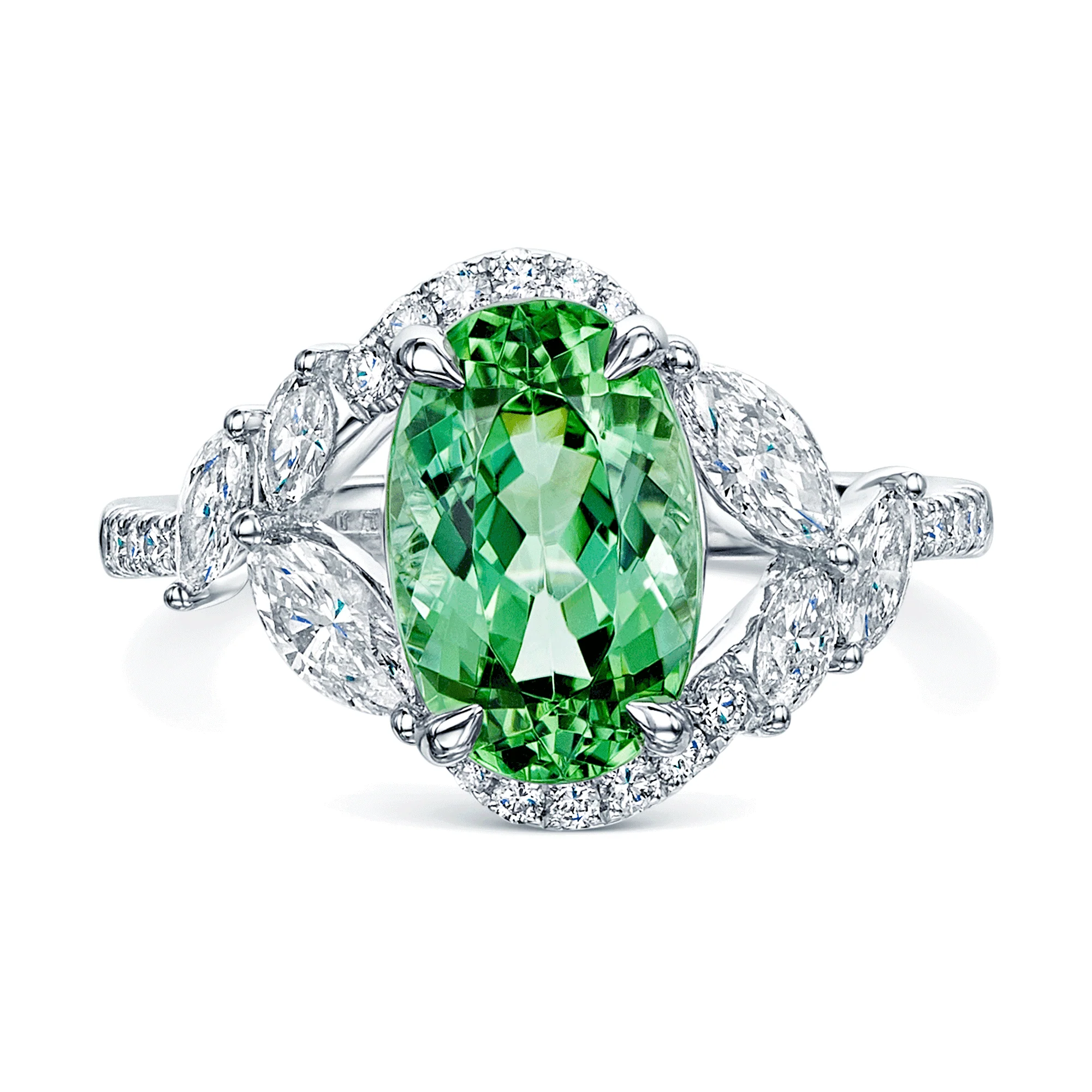 Platinum Oval Cut Green Tourmaline And Marquise And Round Brilliant Diamond Twist Ring - Image 4