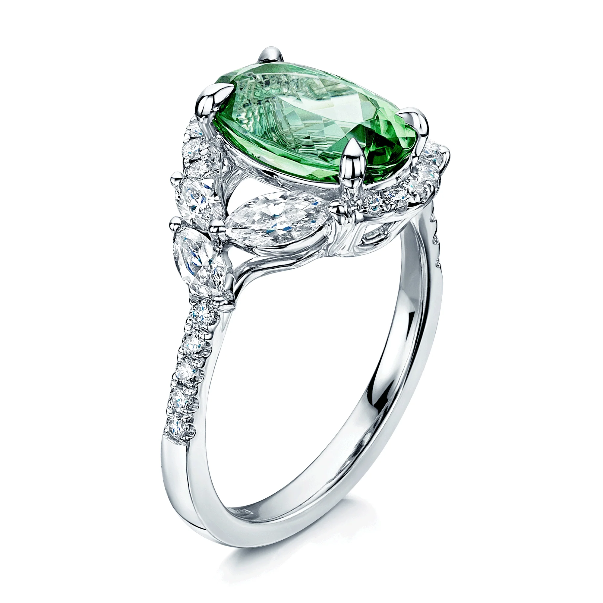 Platinum Oval Cut Green Tourmaline And Marquise And Round Brilliant Diamond Twist Ring - Image 5