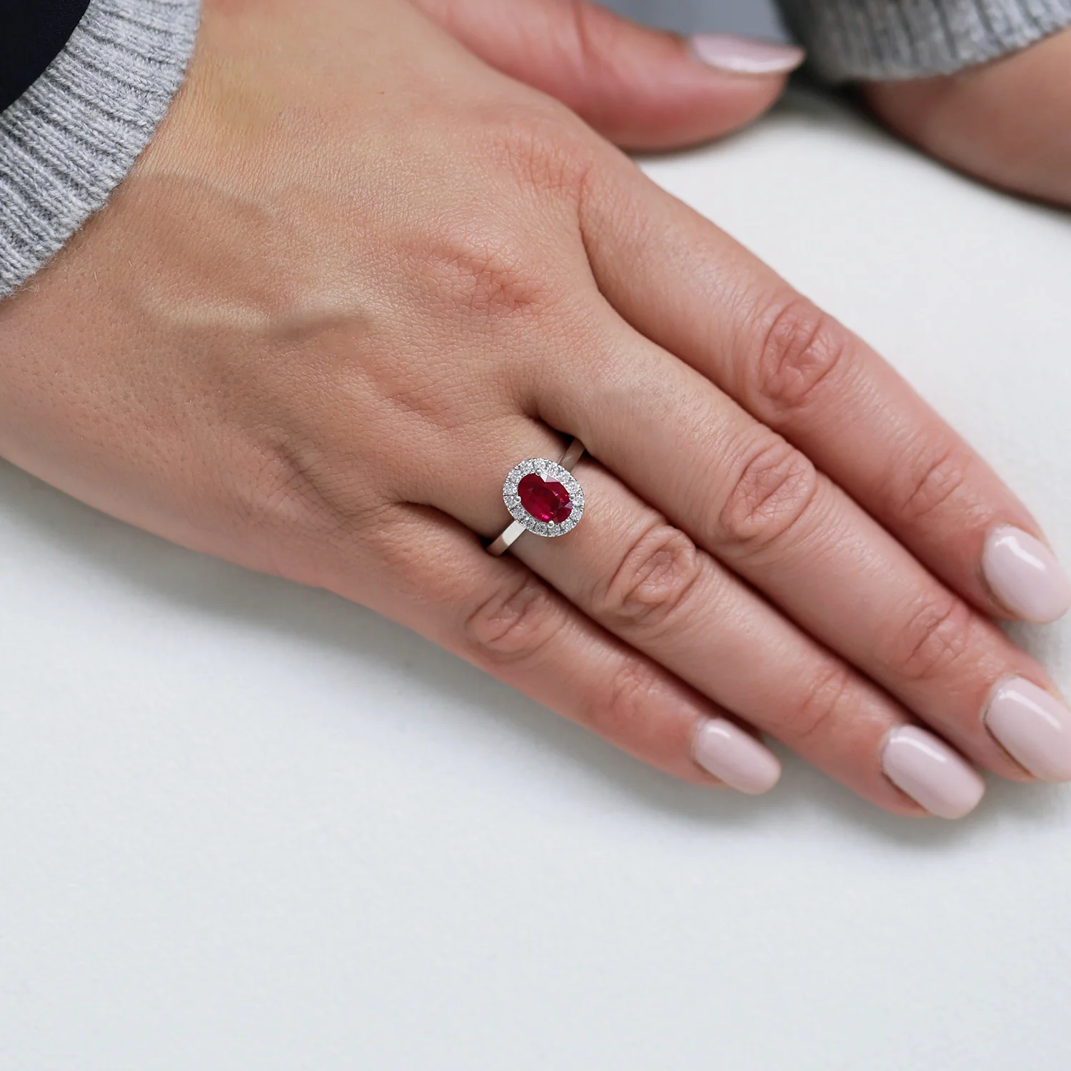 Platinum Oval Cut Ruby And Diamond Halo Ring - Image 2