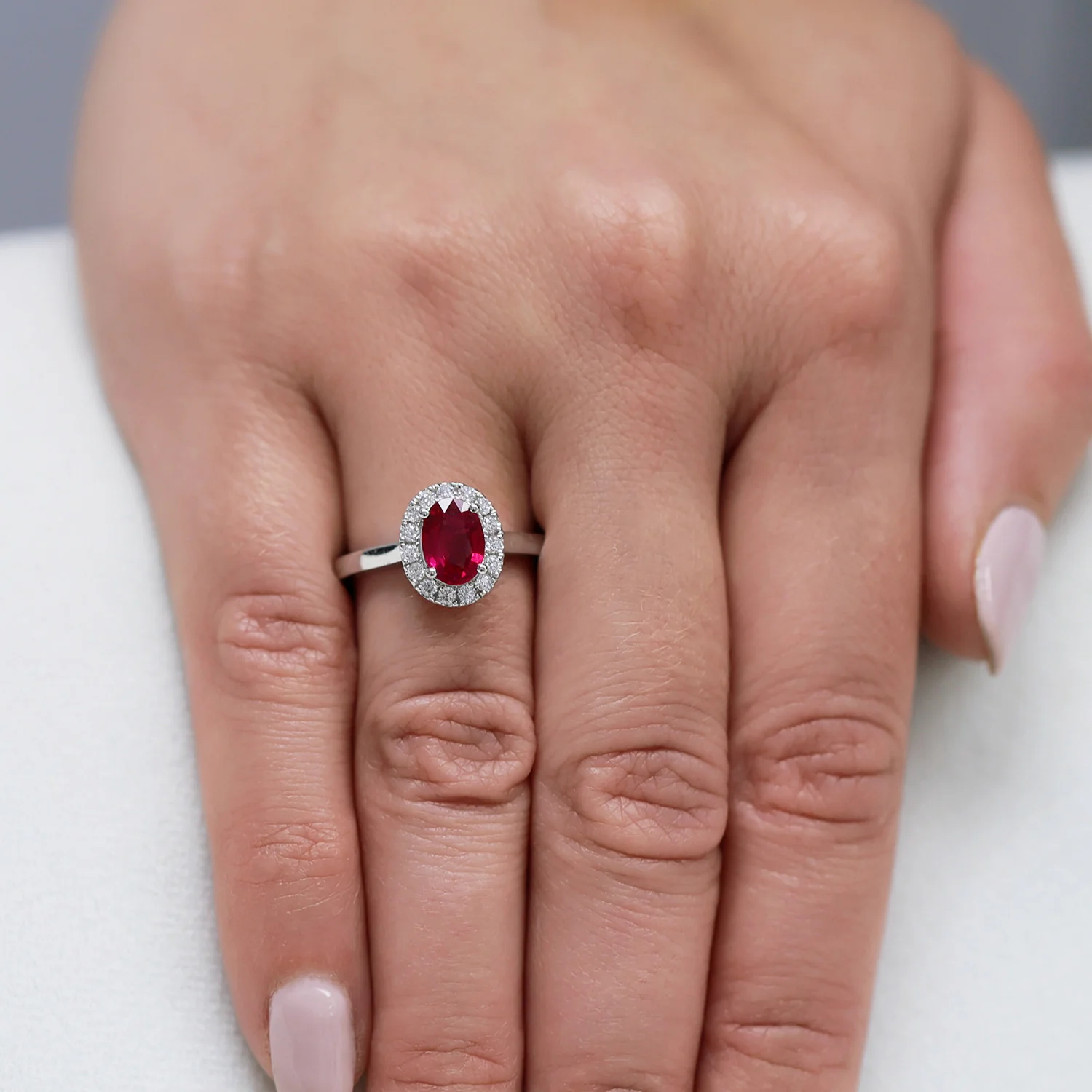 Platinum Oval Cut Ruby And Diamond Halo Ring - Image 3