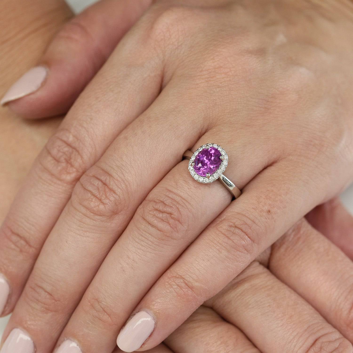 Platinum Oval Pink Sapphire & Diamond Claw Set Cluster Ring - Image 2