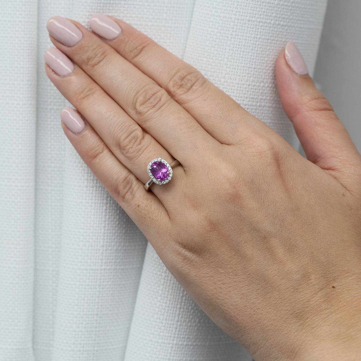 Platinum Oval Pink Sapphire & Diamond Claw Set Cluster Ring - Image 3
