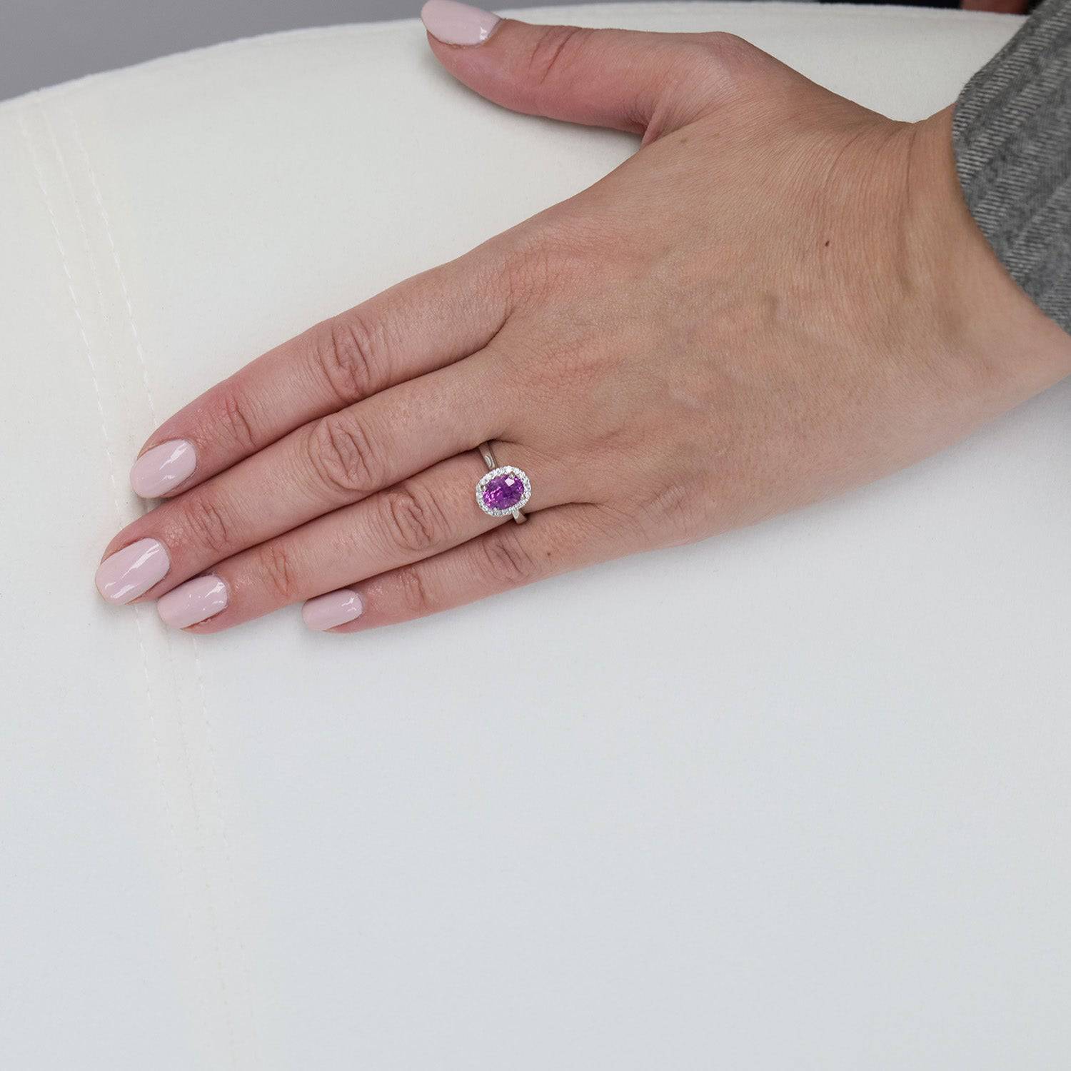 Platinum Oval Pink Sapphire & Diamond Claw Set Cluster Ring - Image 4
