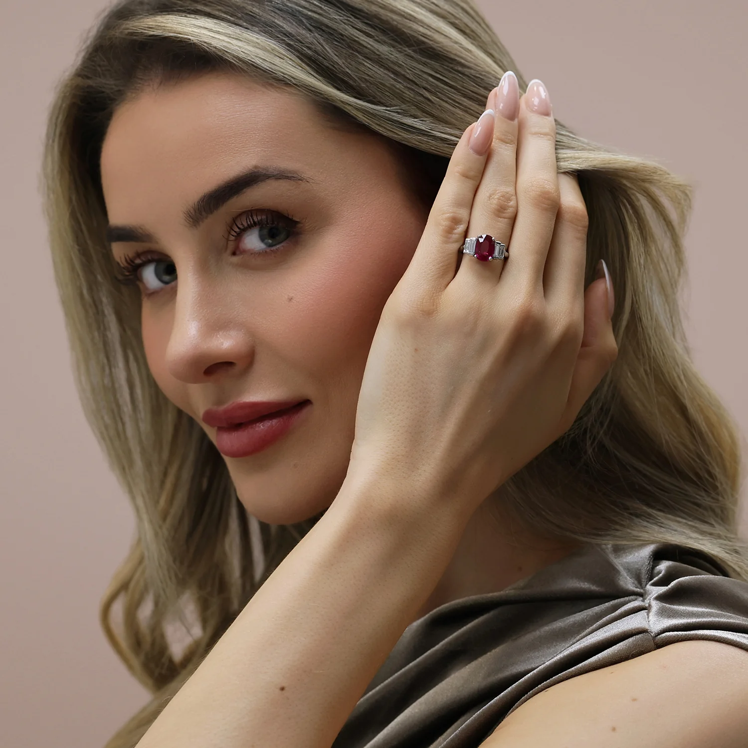 Platinum Oval Ruby and Baguette Cut Diamond Five Stone Ring - Image 5