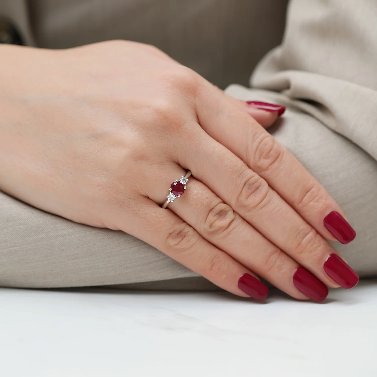 Platinum Oval Ruby & Diamond Trilogy Ring - Image 2
