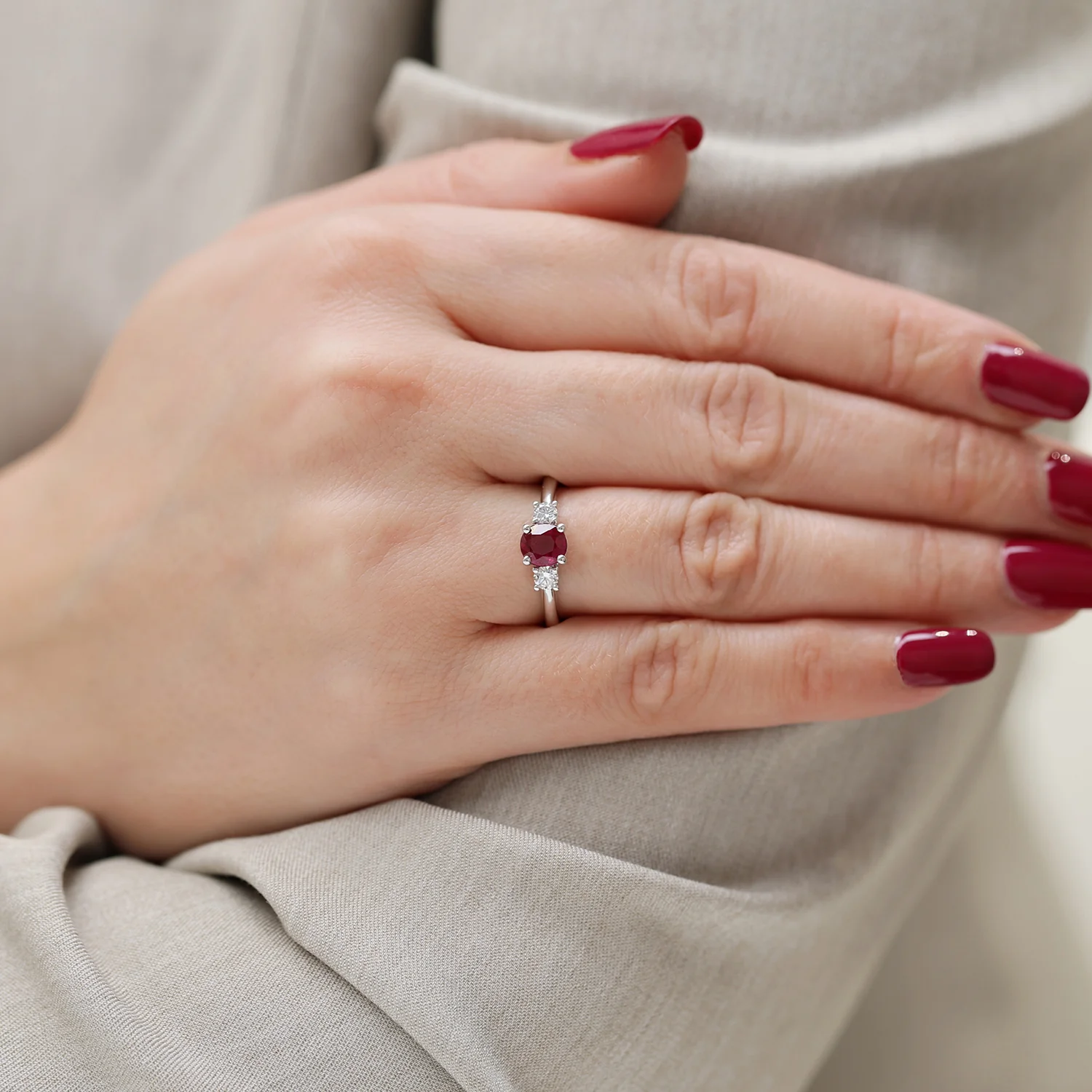 Platinum Oval Ruby & Diamond Trilogy Ring - Image 3